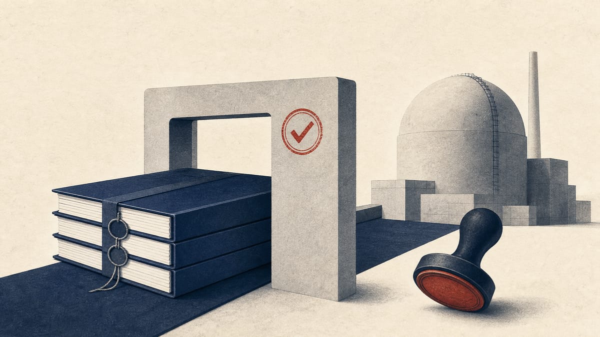 Illustration of sealed design binders passing an inspection checkpoint beside a reactor containment dome model.