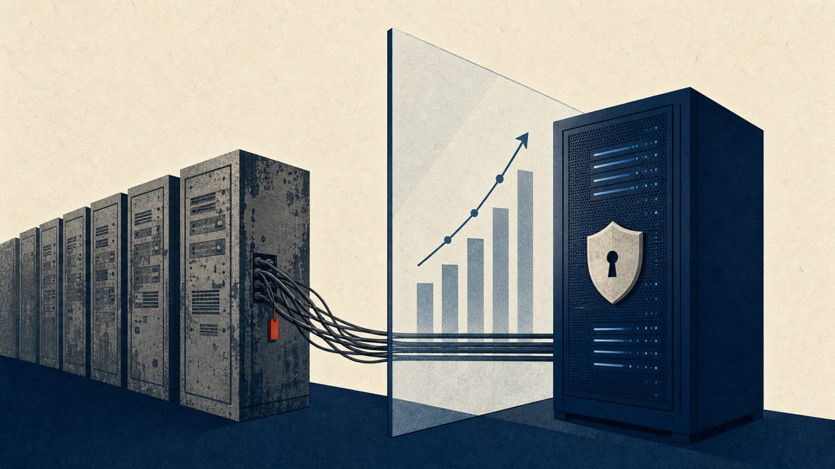 Older server cabinets linked by cabling to a modern rack fitted with a shield-shaped lock, representing system modernisation and digital security.