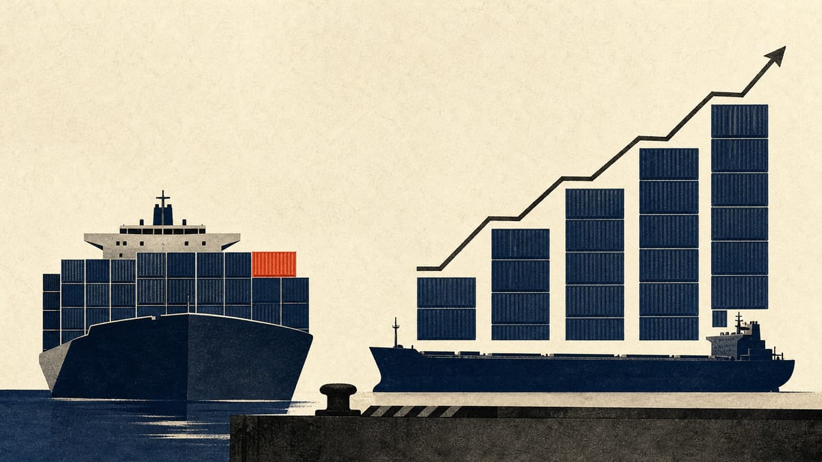 Illustration of a container ship and a bulk carrier at a quay with stacked containers forming a rising line, suggesting stronger shipping rates.