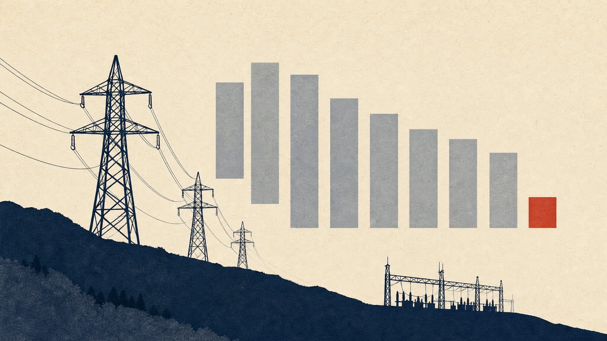 Editorial illustration of transmission towers and a substation beside an abstract bar chart of monthly power reserve margins, with the shortest bar marked in a small red accent.
