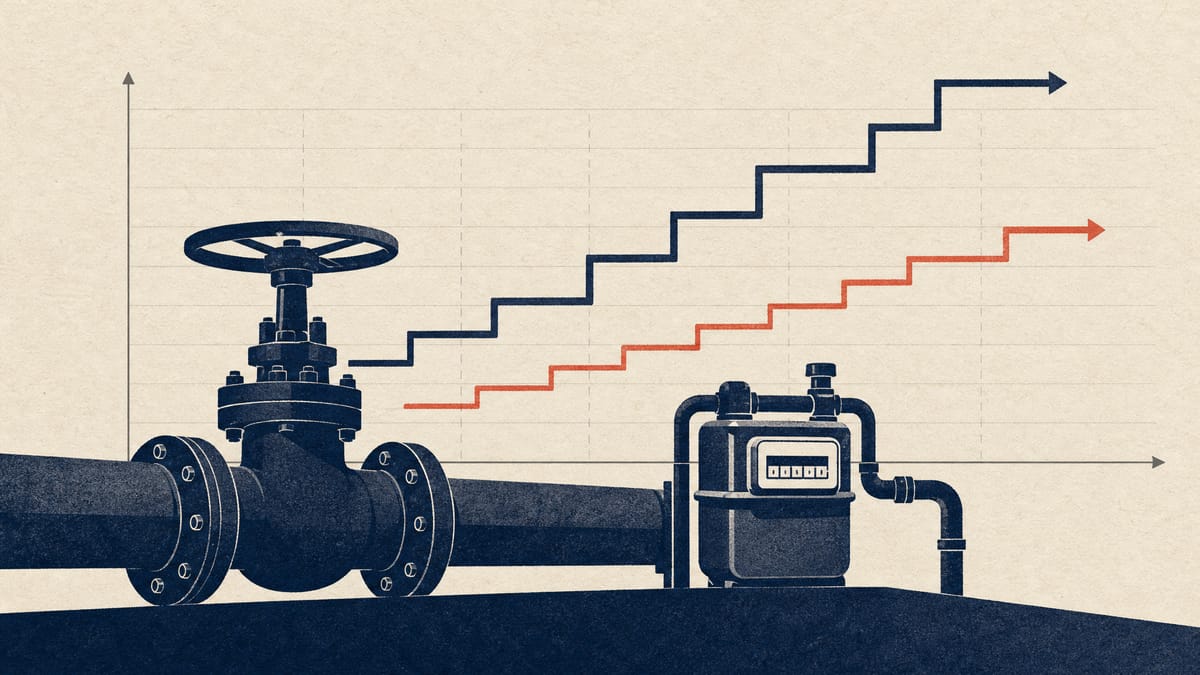 Gas pipeline valves in front of two stepped price lines, one trailing the other, illustrating a delay between fuel costs and gas tariffs.