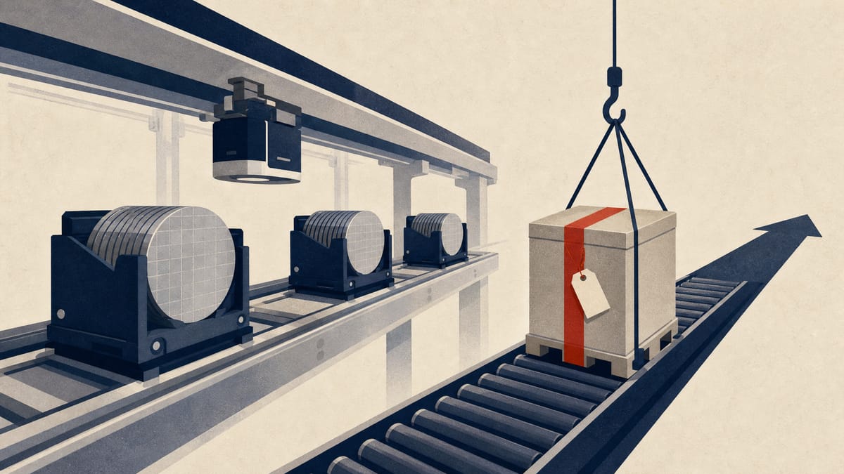 Wafer carriers move along a factory automation rail while one sealed crate is lifted onto a separate outbound conveyor.