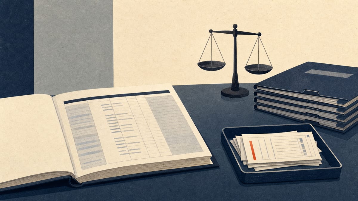 Editorial illustration of a bank counter with repayment slips, a loan ledger and a small balance scale, suggesting household debt and bankruptcy filings.