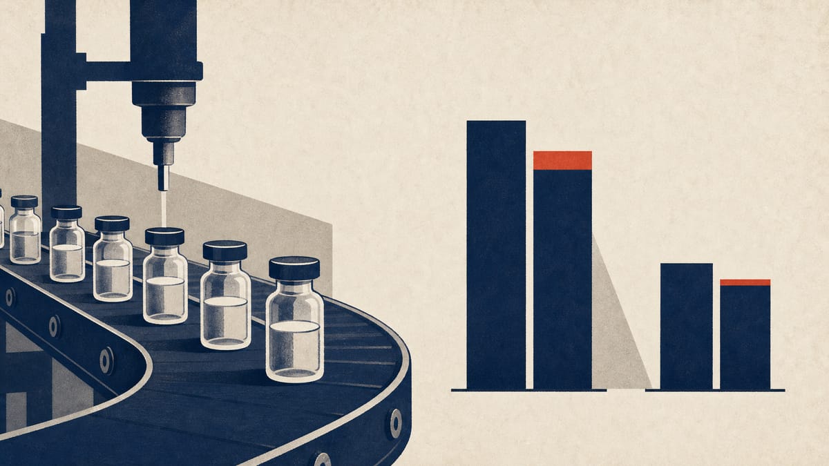 Pharmaceutical vials on a filling line beside two bar charts of different heights, illustrating the gap between reported and constant-currency growth.