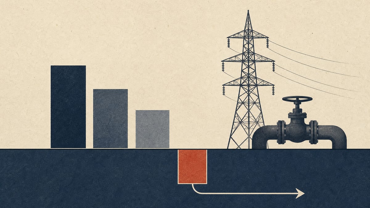 Stylized bar graphic with one bar falling below a baseline, next to a transmission pylon and a fuel pipeline valve, illustrating an operating loss at an electric utility.