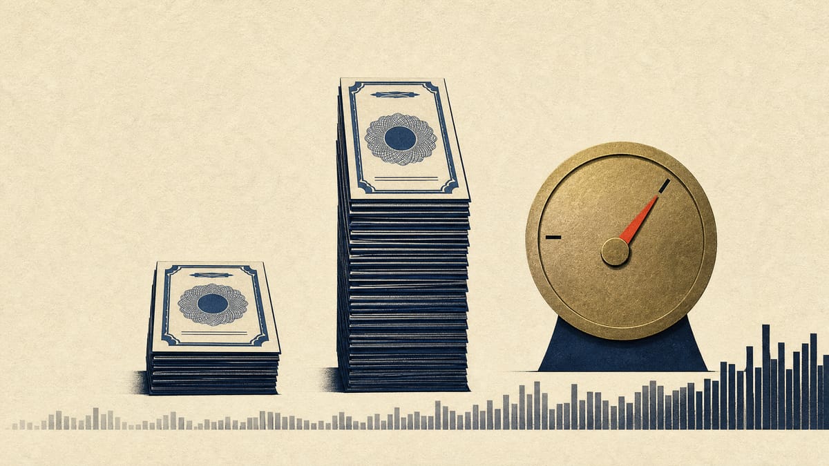 Illustration of a short and a tall stack of fund certificates next to a rate dial with two marks, above a stream of trading-volume bars.