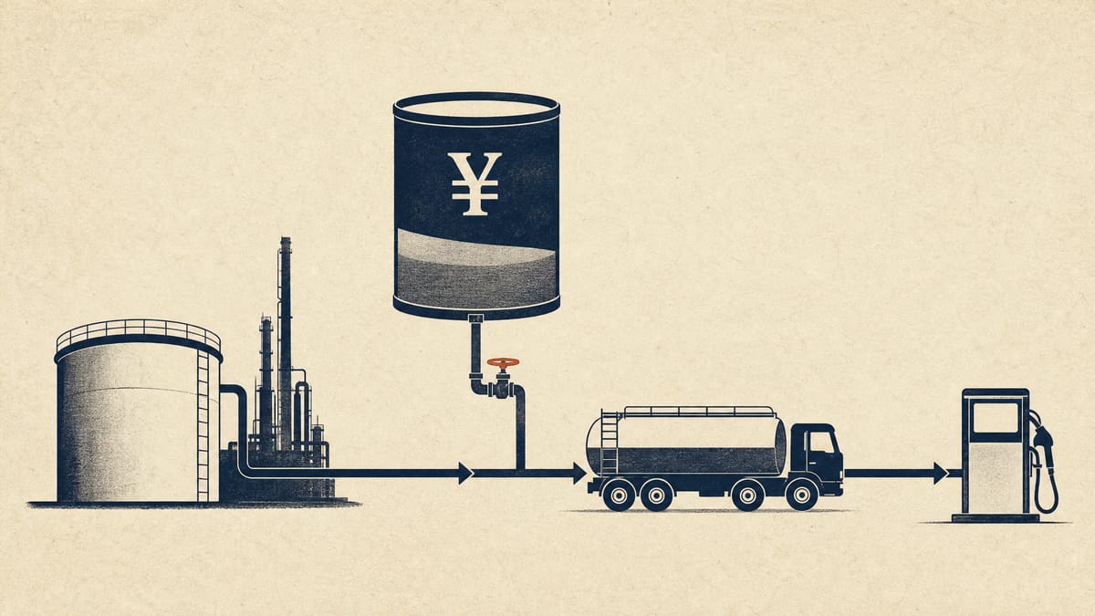 Illustration of a fuel depot tank and tanker truck connected to a gasoline pump, with a reserve-fund reservoir feeding a valve in the supply line.