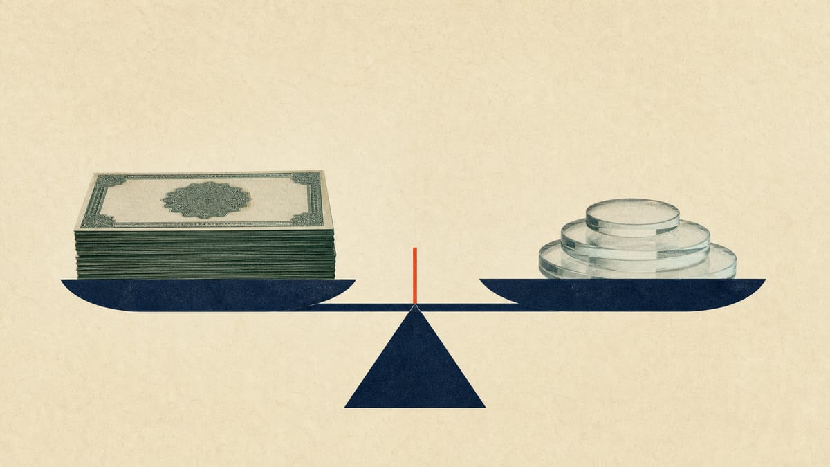 A balance scale with a stack of bond certificates on one side and a lower stack of glass tokens on the other, illustrating the gap between book value and market value.