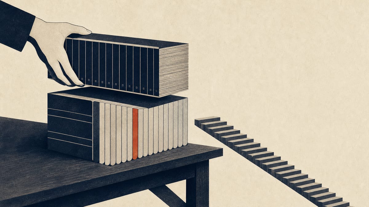 Two stacks of bank ledgers fitted together beside a twenty-step staircase, illustrating an acquired bank's loans and deposits and goodwill written down over 20 years.