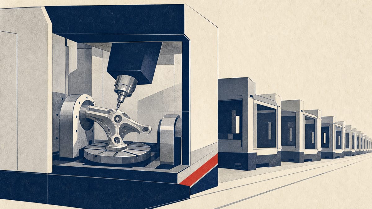 A five-axis machine tool cutting a metal part in a factory, with rows of machine frames waiting behind it.