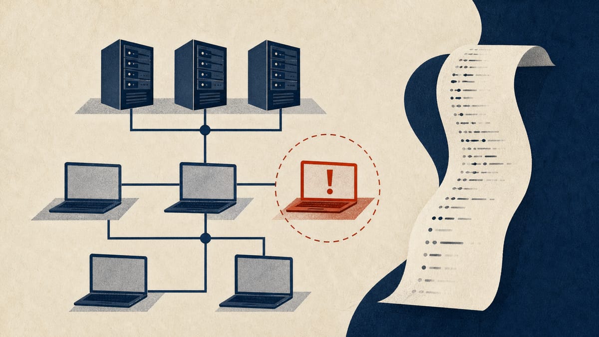 Illustration of a company network of servers and laptops in which one compromised machine is isolated by a monitoring node, beside a stream of access logs.