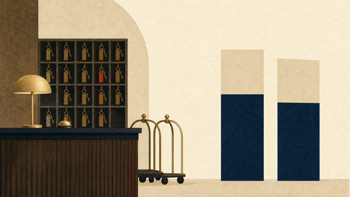Hotel reception counter with key rack and luggage trolleys beside an abstract two-part bar chart of domestic and foreign stays.