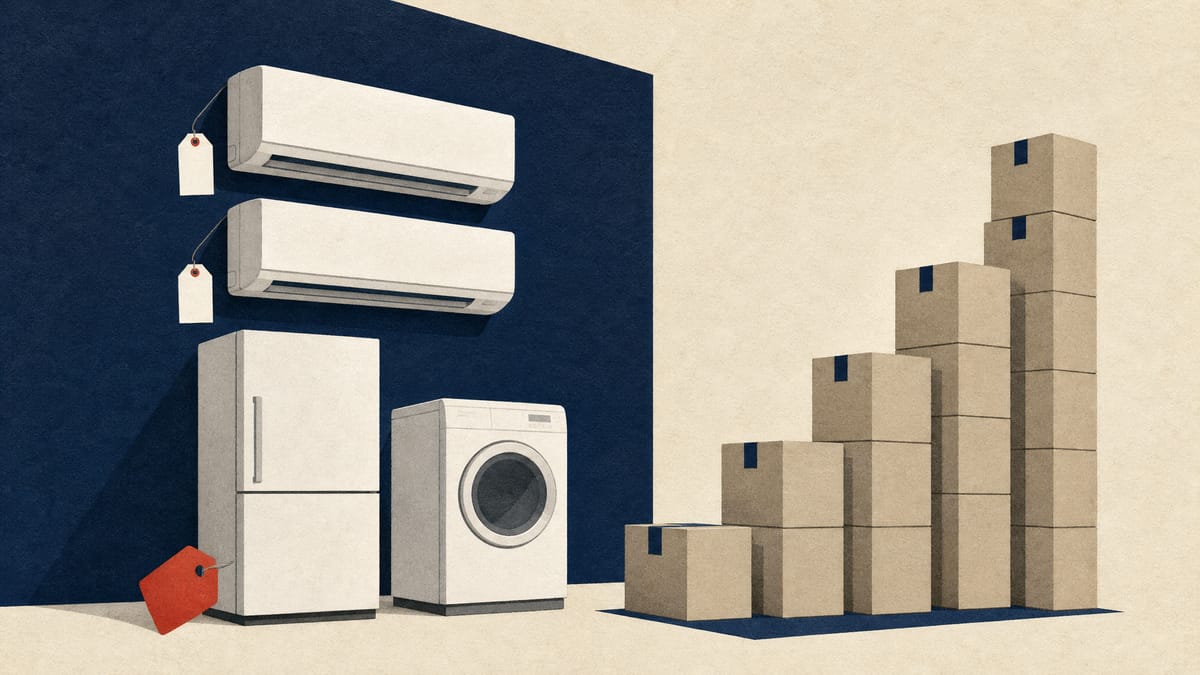 Illustration of air conditioners, a refrigerator and a washing machine on a store floor beside a rising stack of cartons forming a bar chart.