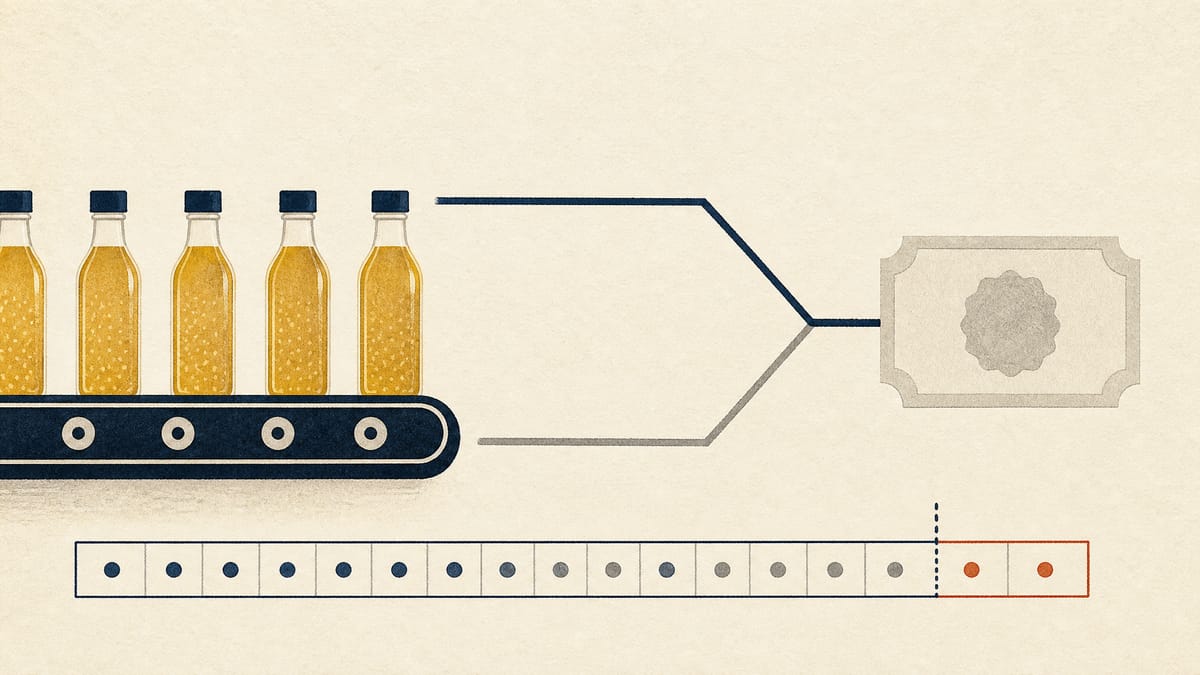 Illustration of sesame oil bottles on a conveyor beside two converging bid paths and an extended calendar strip.