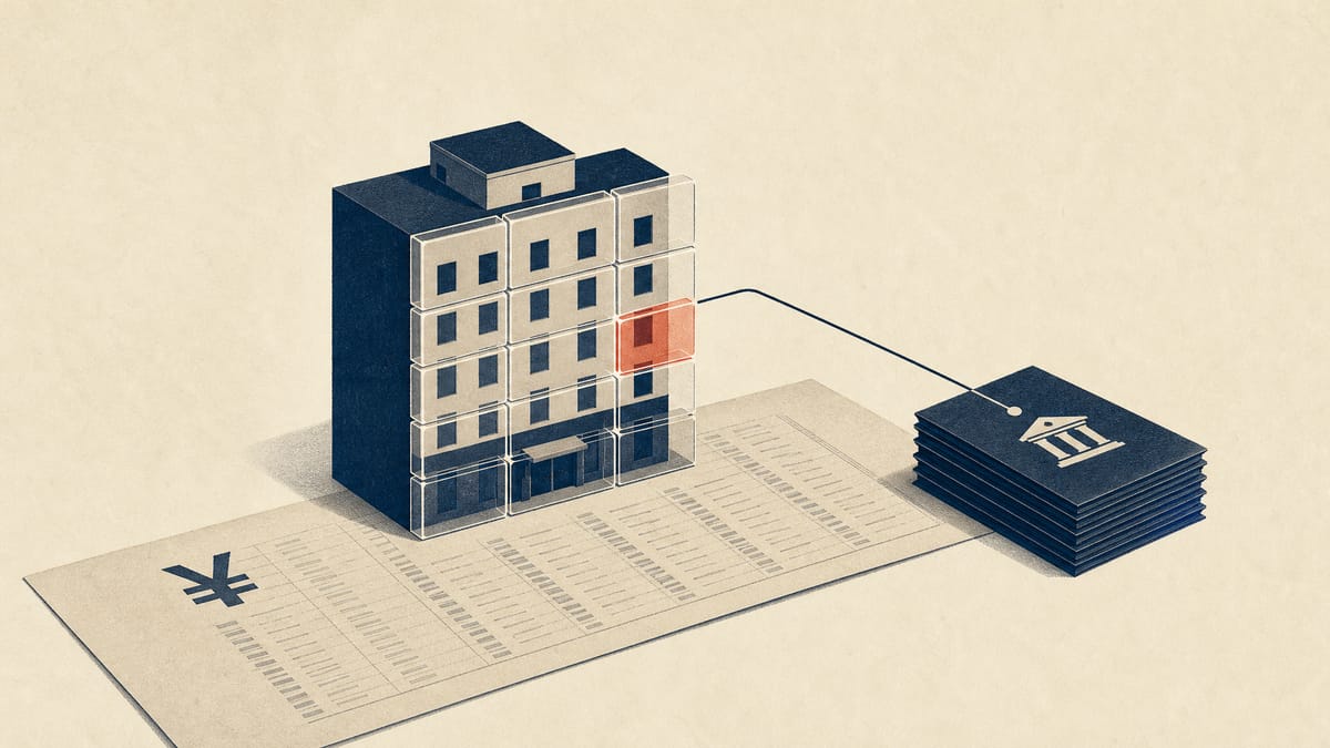 A model hotel building divided into translucent tiles resting on an abstract ledger, with a few tiles linked to a separate stack representing a loan.