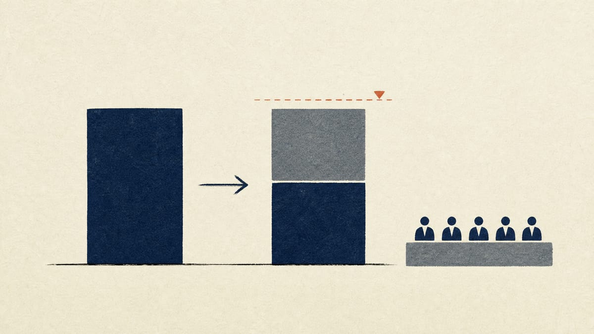 Abstract ownership diagram showing one block of shares divided into two stacked blocks of equal combined height, with a threshold line above them.