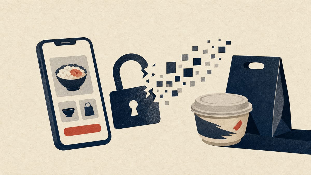 Abstract illustration of customer data records leaking from a food-ordering app beside a takeaway container and delivery bag.
