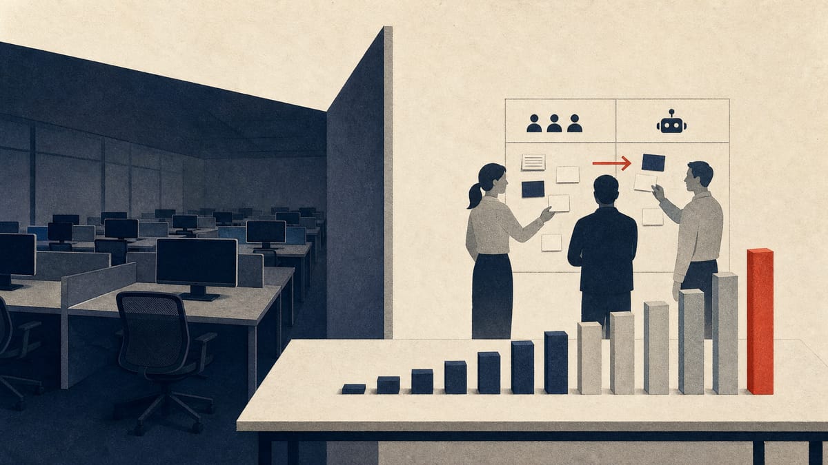 Illustration of an office floor where some workstations sit dark and others are active, beside a block chart of staff utilization and a workflow board of task cards moving toward automation.