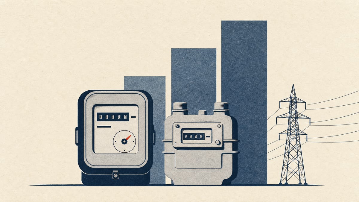 An electricity meter and a gas meter beside three rising bars representing winter subsidy months, with a transmission pylon in the background.