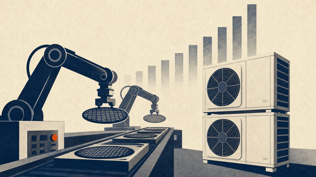 Industrial assembly line with robotic arms handling semiconductor wafers next to air-conditioning units, with abstract rising bars above.