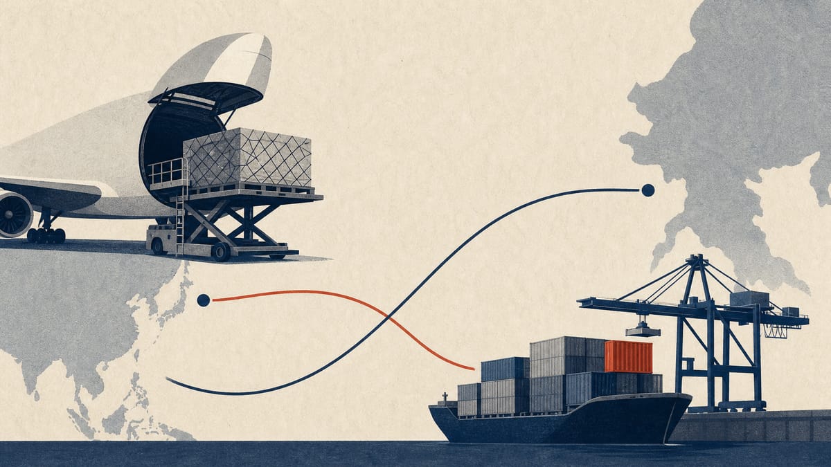 Air cargo pallets and sea containers at a port with freight-route lines linking a warehouse, illustrating a logistics acquisition.