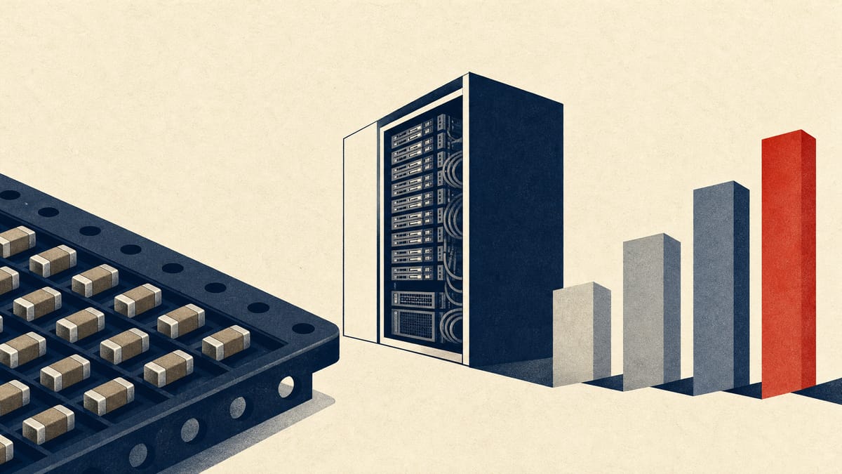 Rows of tiny ceramic capacitors on a manufacturing tray beside a server rack cutaway and a stepped forecast bar chart.