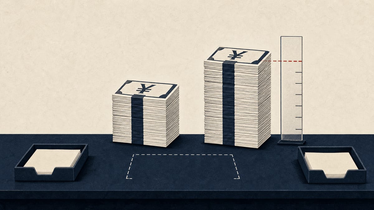 Editorial illustration of two stacks of dividend ledgers rising past a transparent gauge that marks a legal ceiling, with an empty reviewer tray beside them.