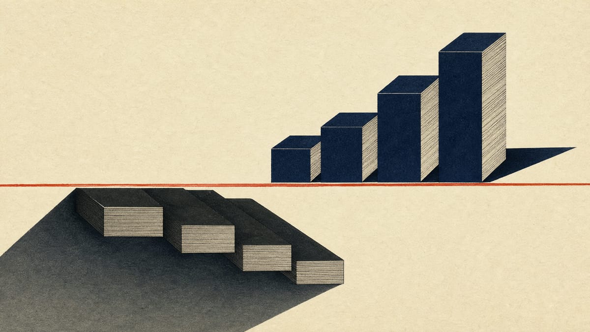 Editorial illustration of two opposing streams of stacked ledger blocks crossing a central balance line, representing offsetting equity and short-term debt flows.
