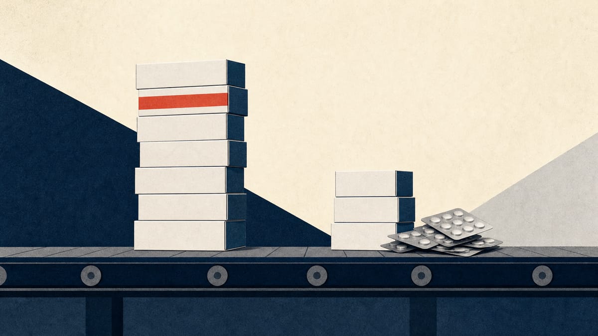 Two stacks of medicine cartons on a conveyor, one growing and one shrinking beside loose blister packs, illustrating a new drug offsetting generic competition.