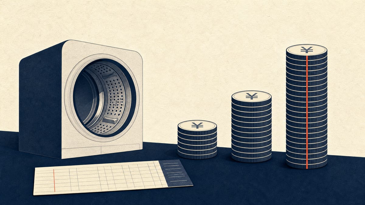 Columns of coins rising in height beside a washer-dryer drum, illustrating a higher dividend forecast.
