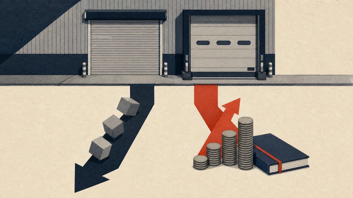 Illustration of an industrial shutter and dock door beside a falling cost line and a rising stack of coins, suggesting lower profit forecasts alongside higher shareholder payouts.