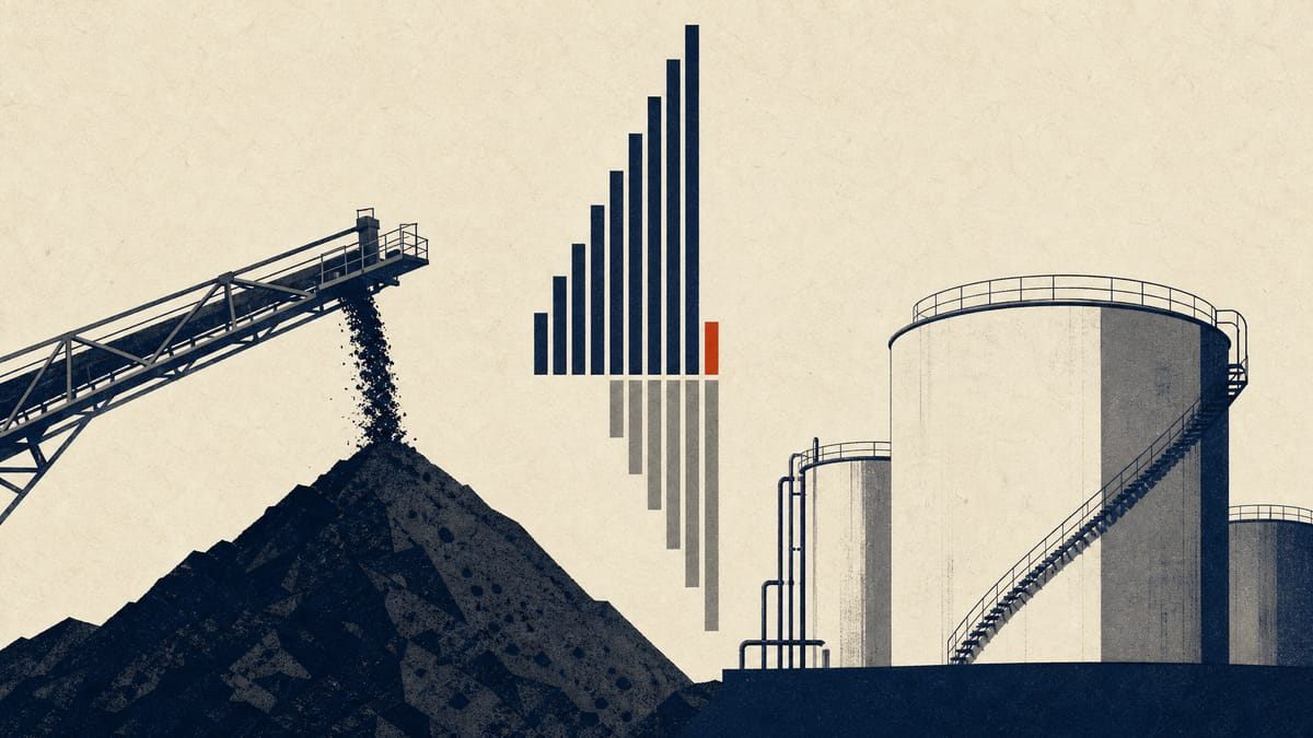 Editorial illustration of a coal conveyor and methanol storage tanks separated by a bar-chart grid showing some segments rising and others falling.