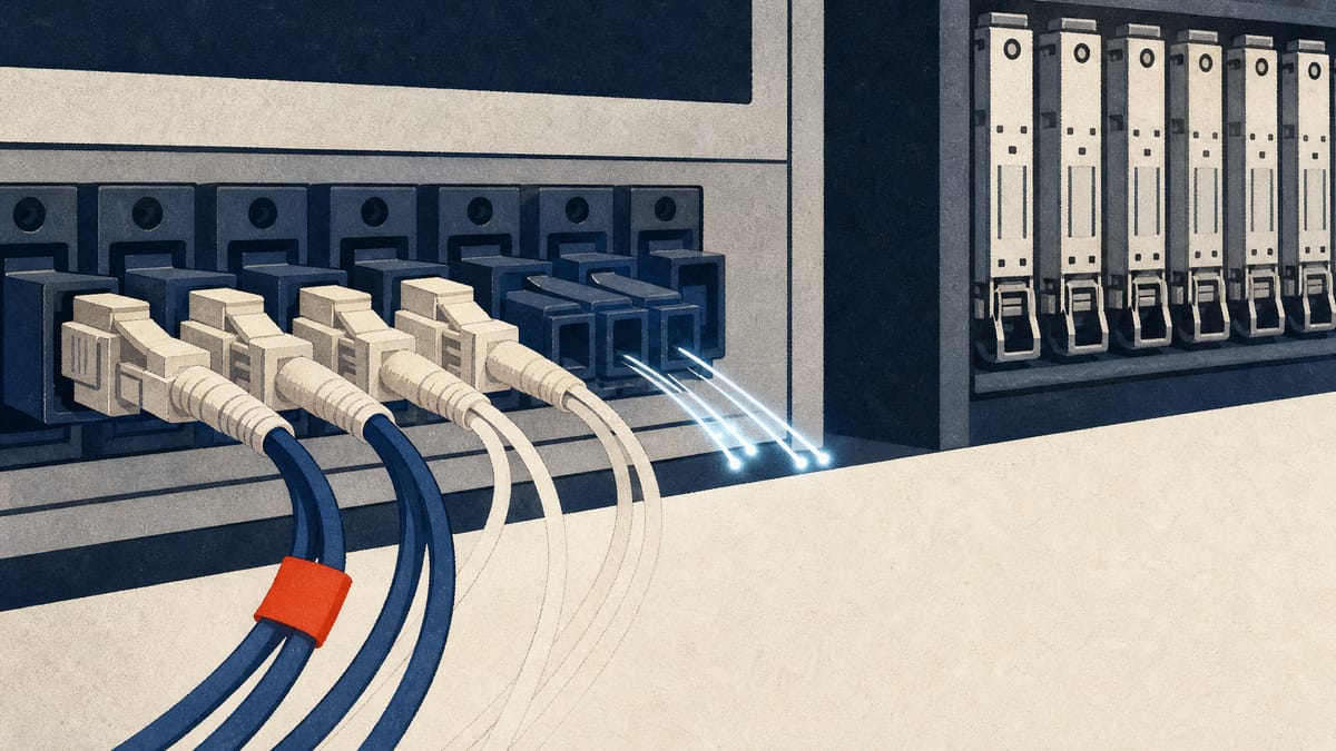 Optical fiber cables plugged into connectors on a data-center patch panel beside rows of transceiver modules.