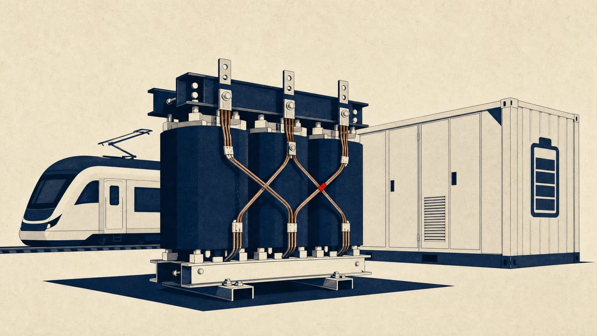 Resin-cast dry-type transformer coils on a factory floor, with rail and battery storage equipment behind.