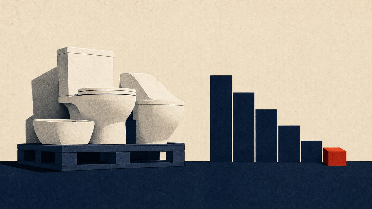 Illustration of white ceramic fixtures beside a stepped chart of blocks shrinking, suggesting a share buyback and cancellation.