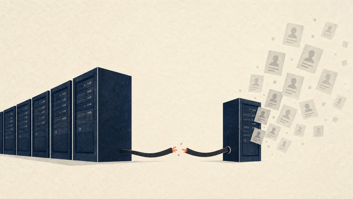 ネットワークケーブルが切断されて1台が切り離されたサーバーラックと、そこから漂い出る匿名の記録カード。
